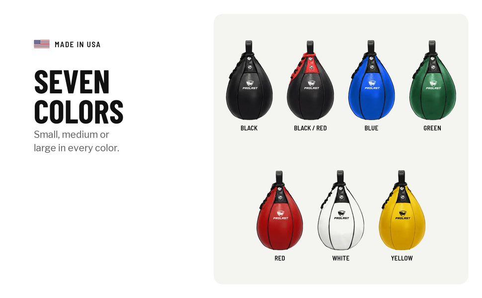 Seven colors: black, black and red, blue, green, red, white and yellow; small, medium or large in every color