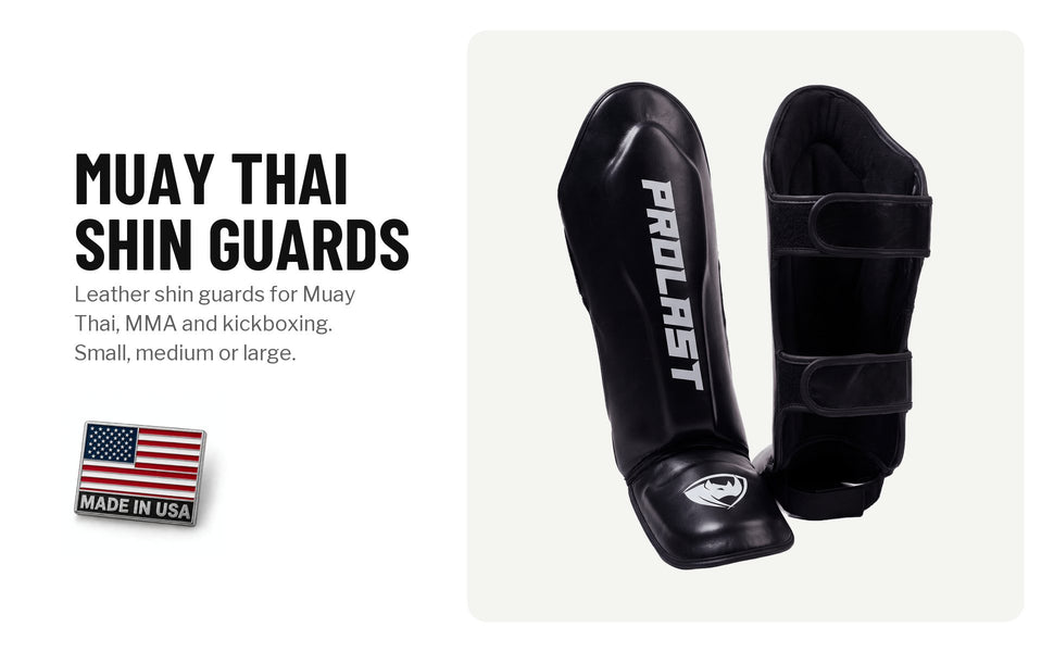 Muay Thai shin guards in black leather, for Muay Thai, MMA and kickboxing; small, medium or large