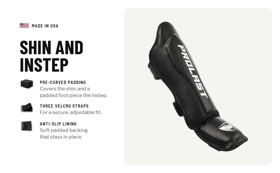 Shin and instep: pre-curved padding over the shin and a padded foot piece over the instep, three velcro straps for a secure fit, and an anti-slip padded lining