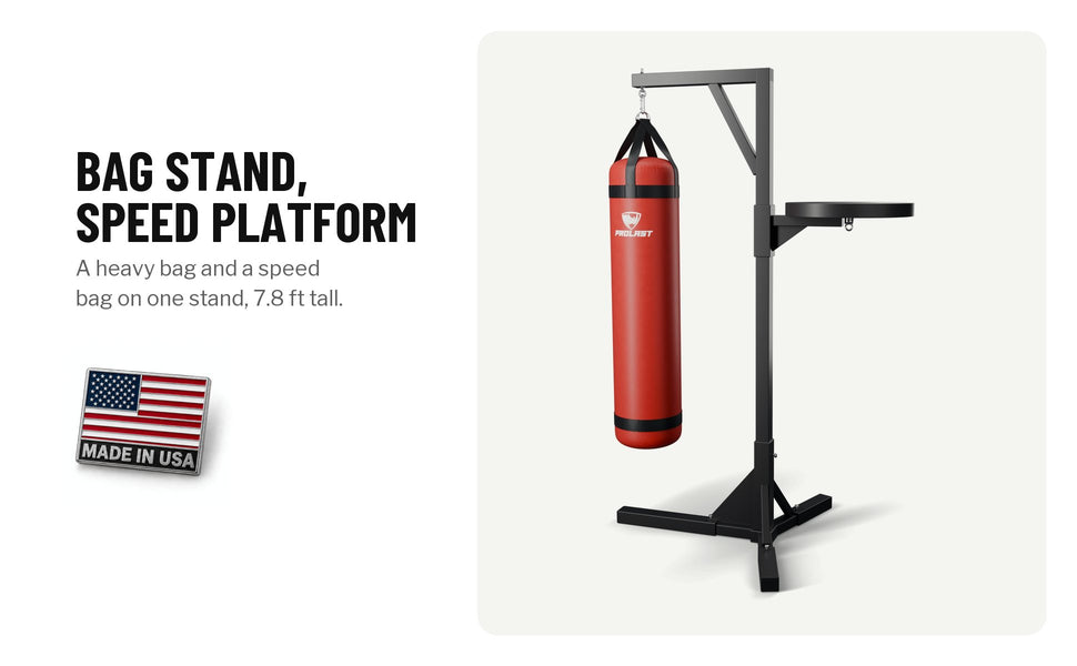Bag stand with a speed bag platform and a red heavy bag: a heavy bag and a speed bag on one stand, 7.8 ft tall