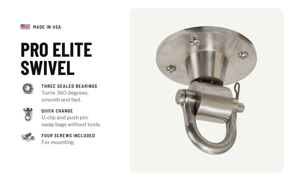 Pro Elite speed bag swivel: three sealed bearings, turns 360 degrees; quick change with a U-clip and push pin, no tools; four mounting screws included