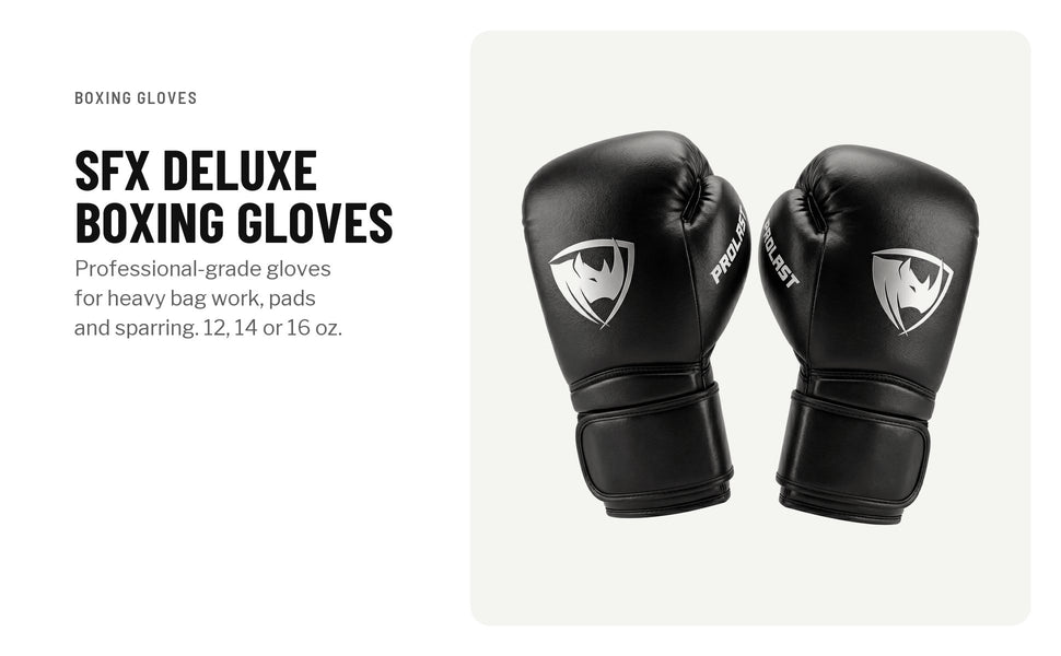 SFX Deluxe boxing gloves, a black pair: professional-grade gloves for heavy bag work, pads and sparring; 12, 14 or 16 oz