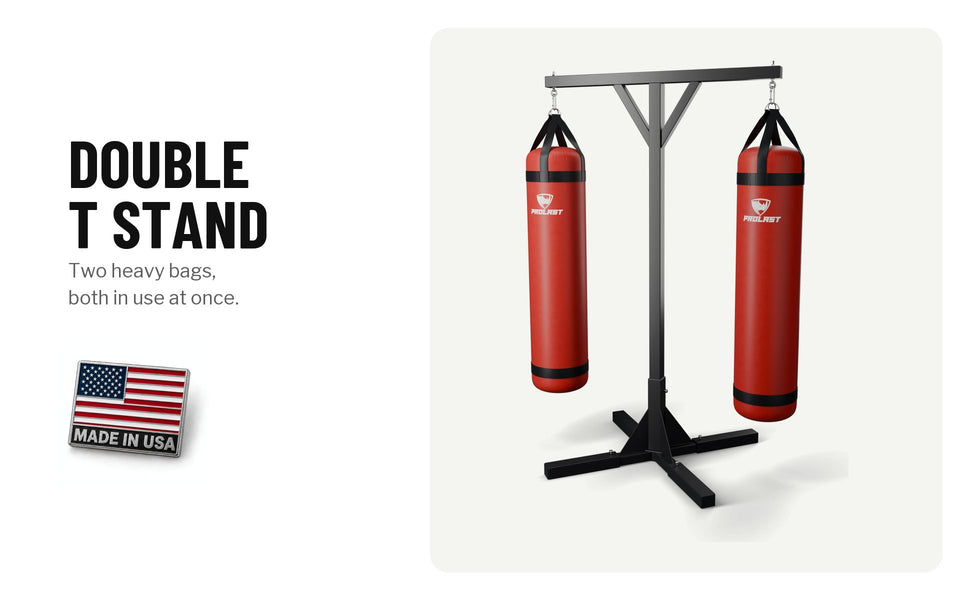 Double T stand with two red heavy bags: two heavy bags, both in use at once