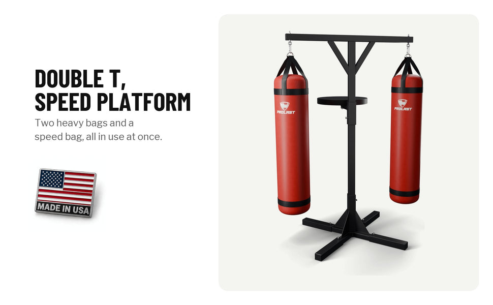 Double T stand with a speed bag platform and two red heavy bags: two heavy bags and a speed bag, all in use at once