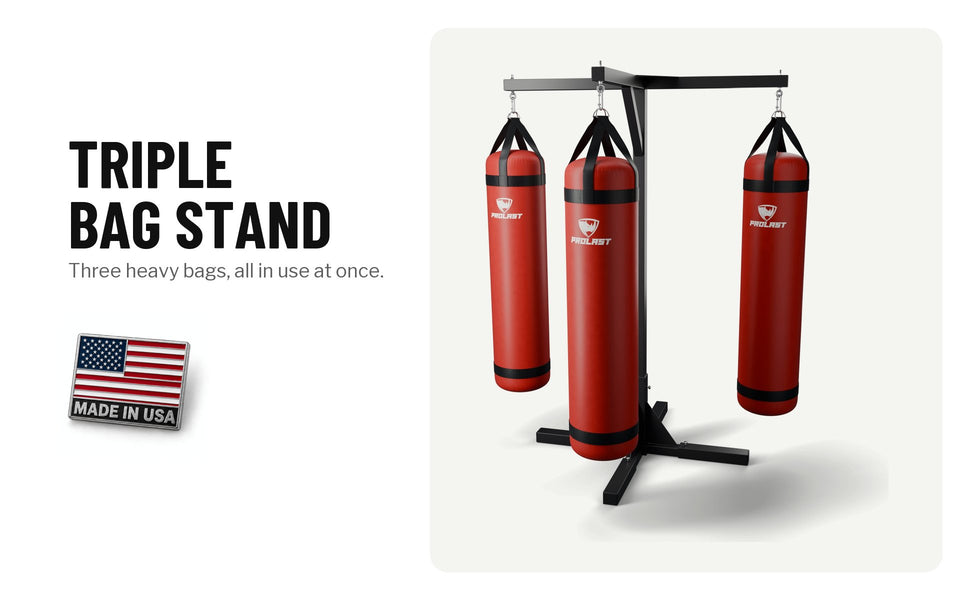 Triple bag stand with three red heavy bags: three heavy bags, all in use at once