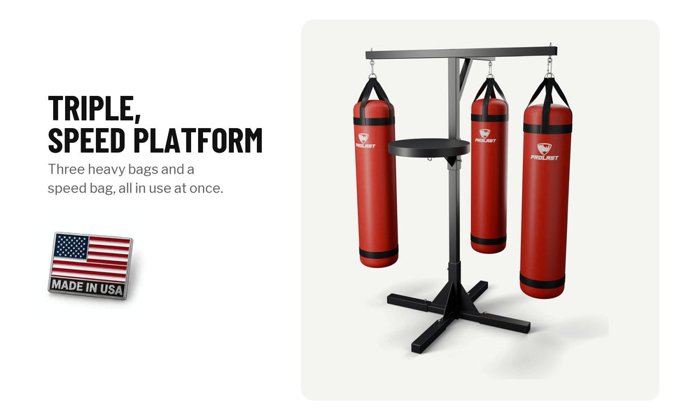 Triple bag stand with a speed bag platform and three red heavy bags: three heavy bags and a speed bag, all in use at once