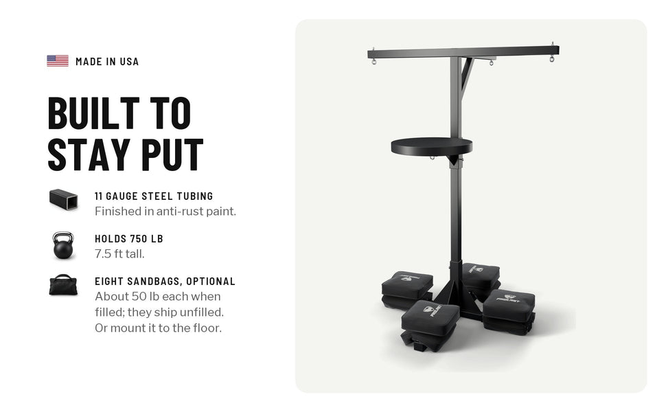 Built to stay put: 11 gauge steel tubing finished in anti-rust paint; holds 750 lb, 7.5 ft tall; eight optional sandbags, about 50 lb each when filled, shipped unfilled, or mount it to the floor