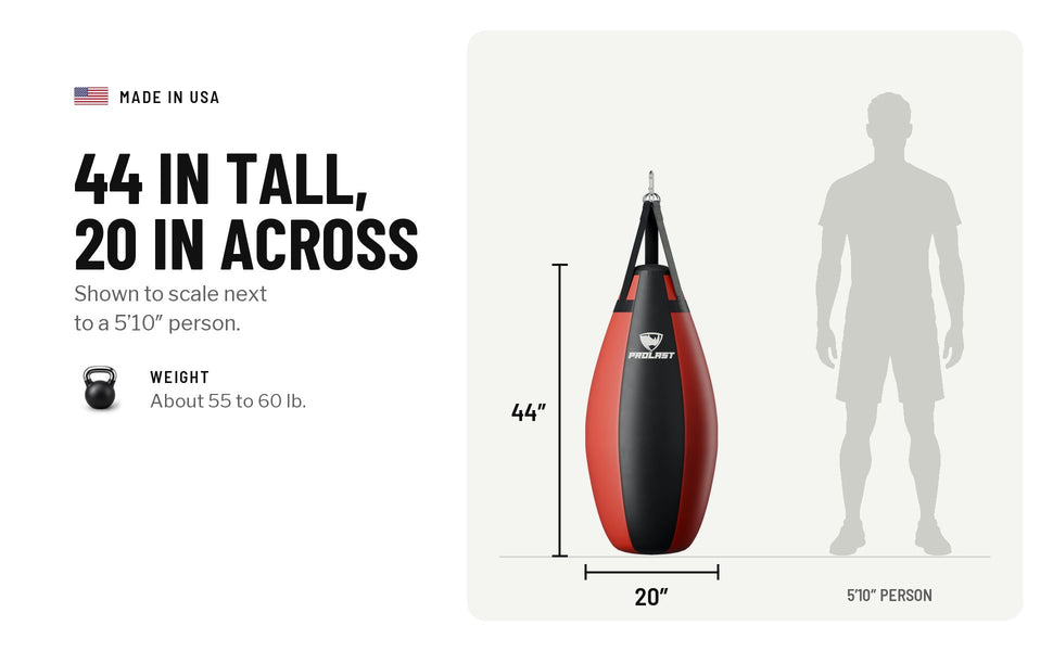 The teardrop bag is 44 in tall and 20 in across, shown to scale next to a 5 ft 10 in person; about 55 to 60 lb