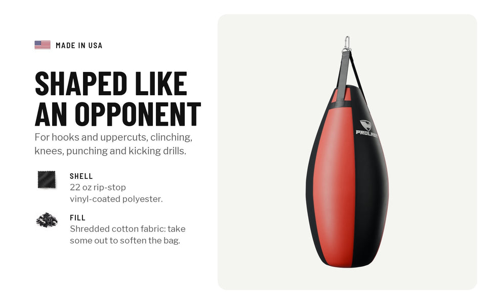 Shaped like an opponent, for hooks and uppercuts, clinching, knees, punching and kicking drills. 22 oz rip-stop vinyl-coated polyester shell; shredded cotton fabric fill