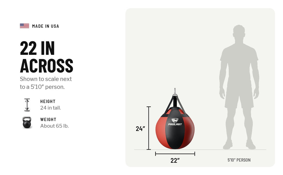 The wrecking ball is 22 in across and 24 in tall, shown to scale next to a 5 ft 10 in person; about 65 lb