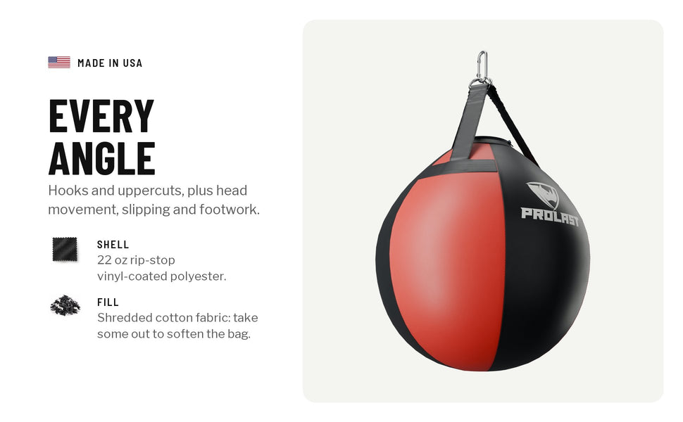 Every angle: hooks and uppercuts, plus head movement, slipping and footwork. 22 oz rip-stop vinyl-coated polyester shell; shredded cotton fabric fill