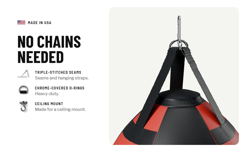 No chains needed: triple-stitched seams and hanging straps, heavy-duty chrome-covered D-rings, made for a ceiling mount
