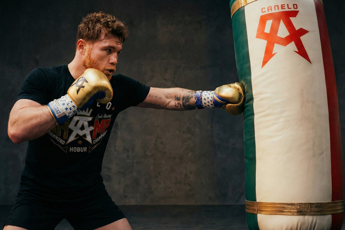Canelo Álvarez punching his custom green, white and red CANELO heavy bag, made by PROLAST