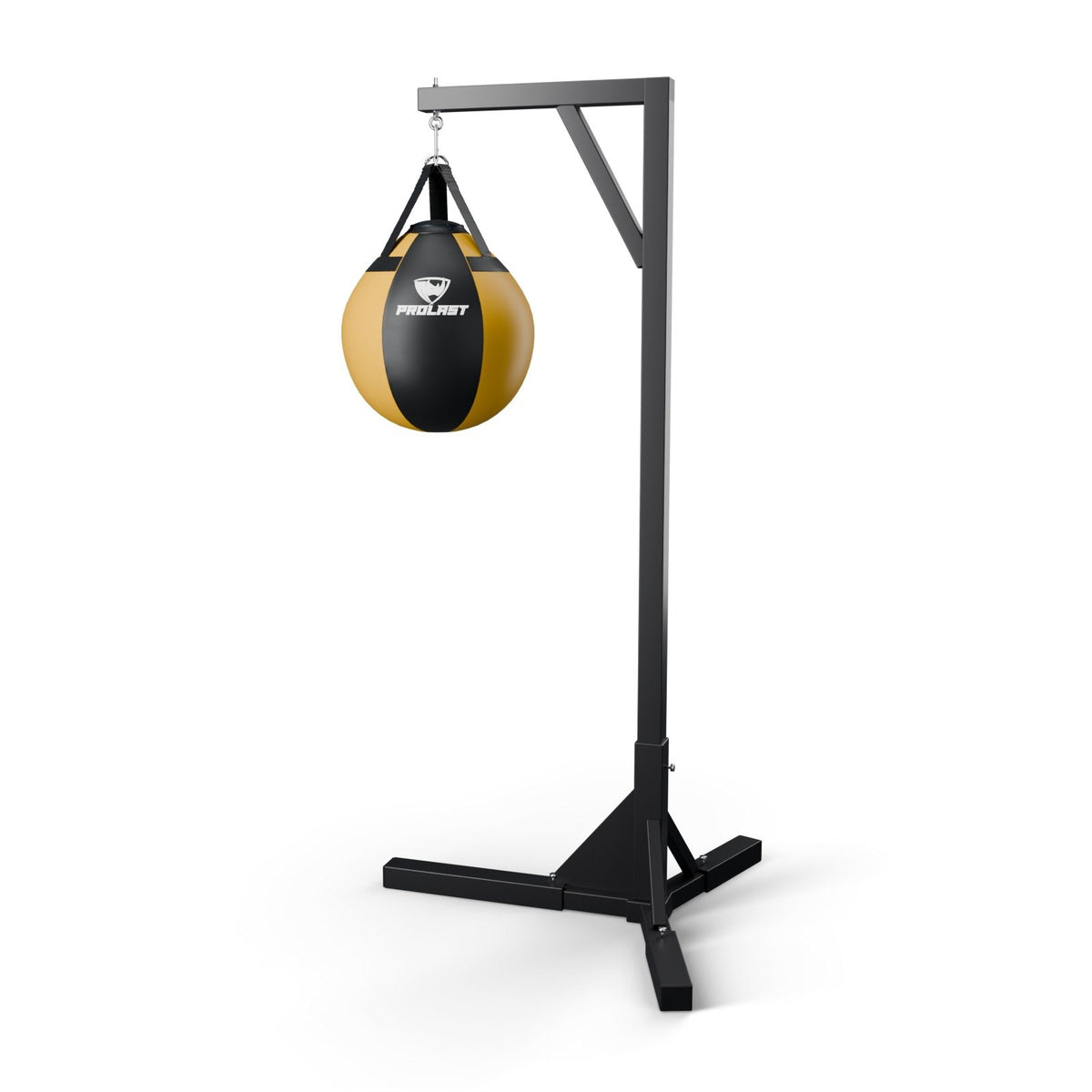 This wrecking ball hanging from a PROLAST single bag stand on a steel snap hook through its D-rings (stand sold separately)