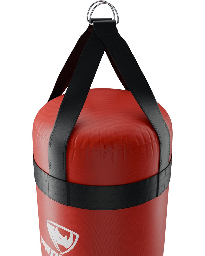 Straps, stitching and chrome D-rings on top of a red PROLAST heavy bag (3D render)