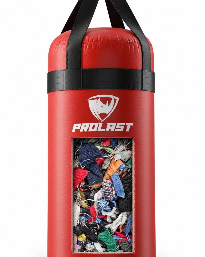 Cutaway of a red PROLAST heavy bag packed with shredded cotton fabric