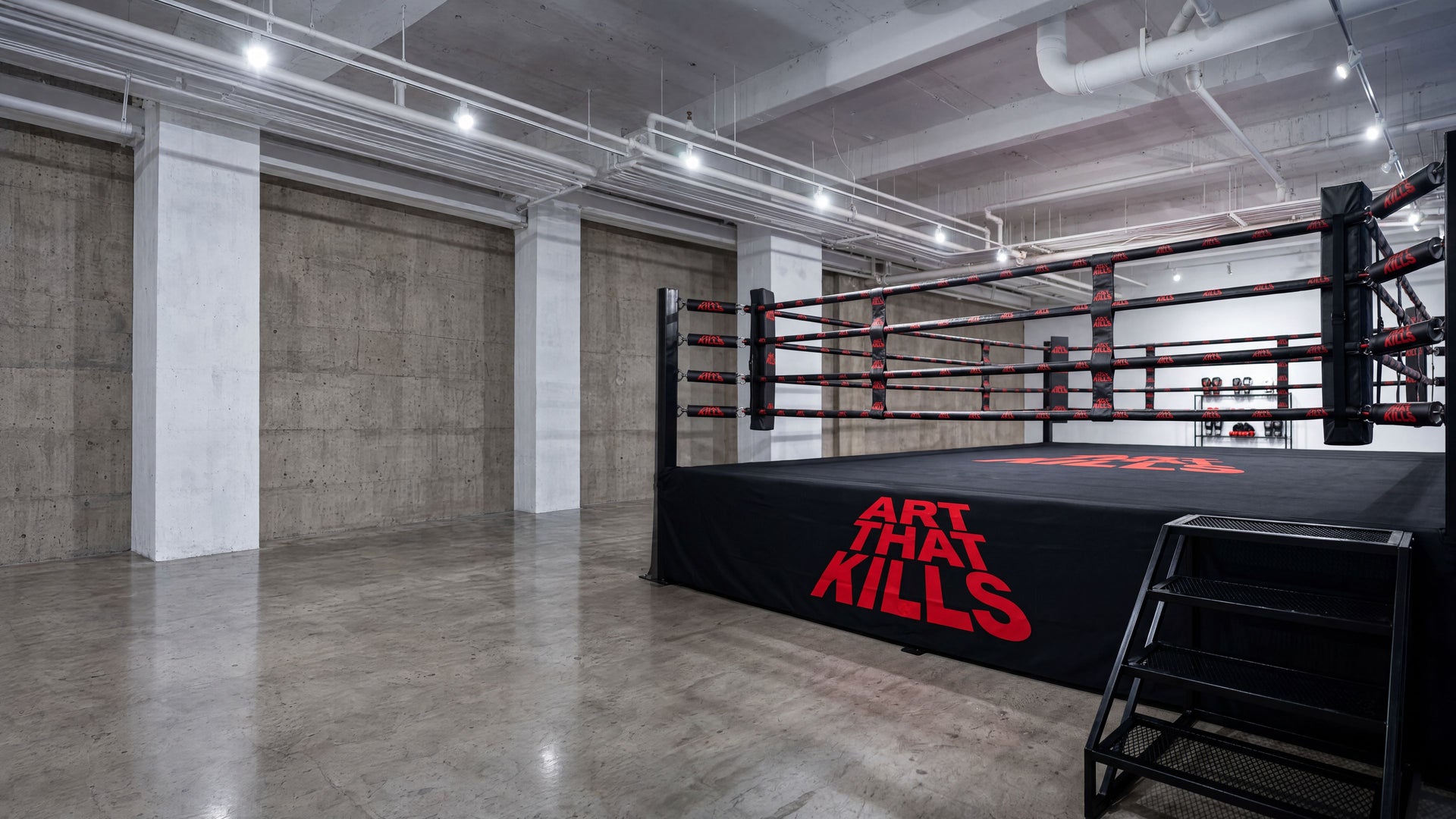 A PROLAST boxing ring built for Art That Kills, in a concrete gym