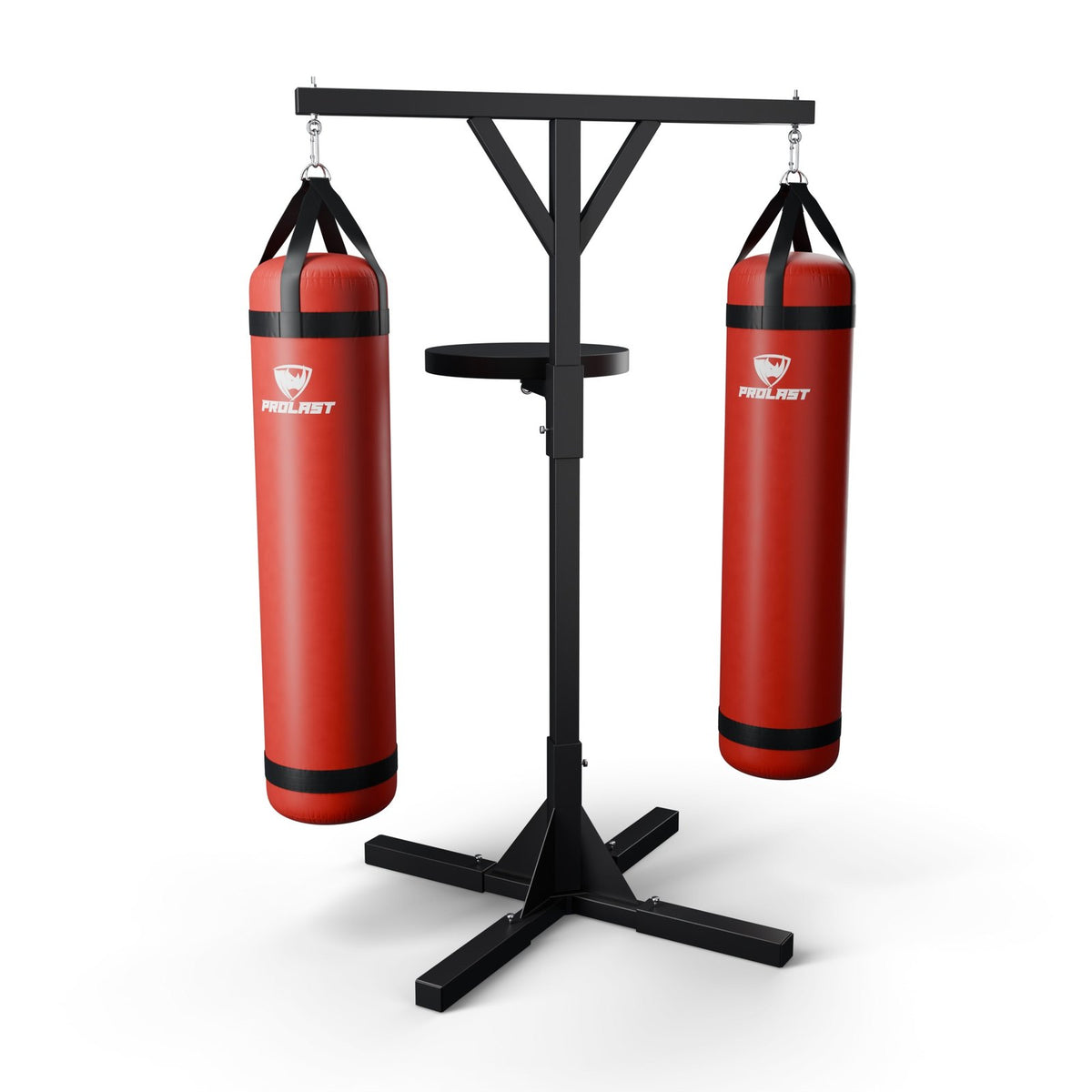 This stand with two red PROLAST heavy bags hanging from it on steel snap hooks through their D-rings (bags sold separately)