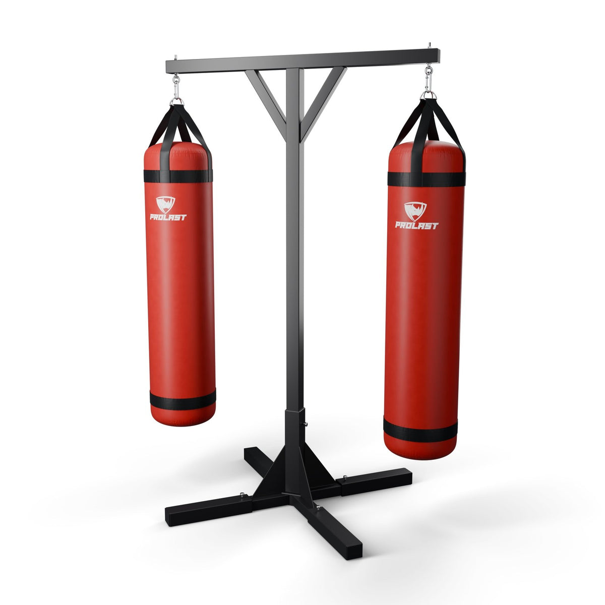 This stand with two red PROLAST heavy bags hanging from it on steel snap hooks through their D-rings, and the optional sand bags on its legs (bags sold separately)