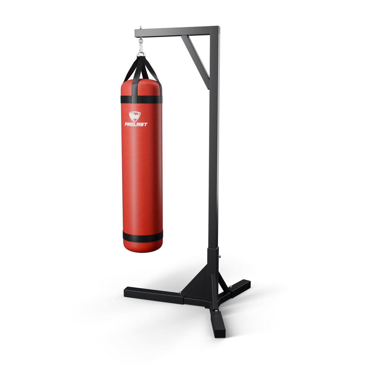 This stand with one red PROLAST heavy bag hanging from it on steel snap hooks through their D-rings (bags sold separately)