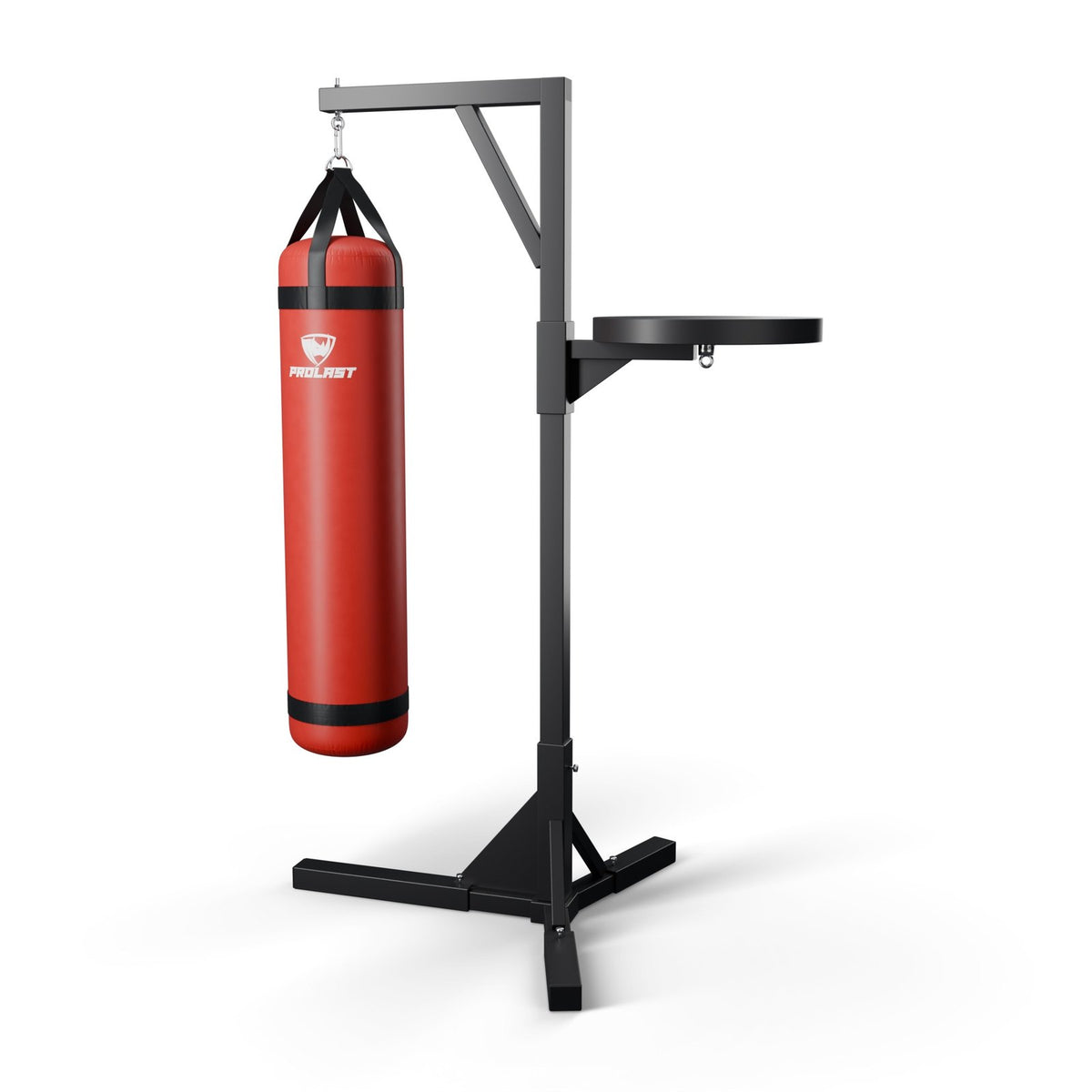 This stand with one red PROLAST heavy bag hanging from it on steel snap hooks through their D-rings (bags sold separately)