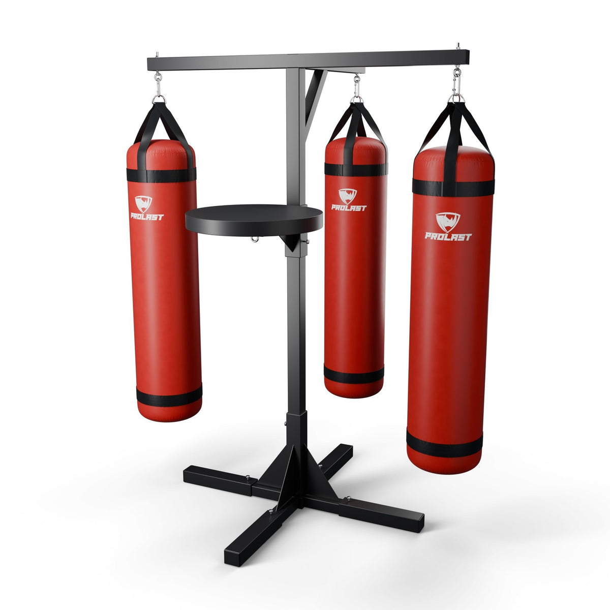 This stand with three red PROLAST heavy bags hanging from it on steel snap hooks through their D-rings (bags sold separately)
