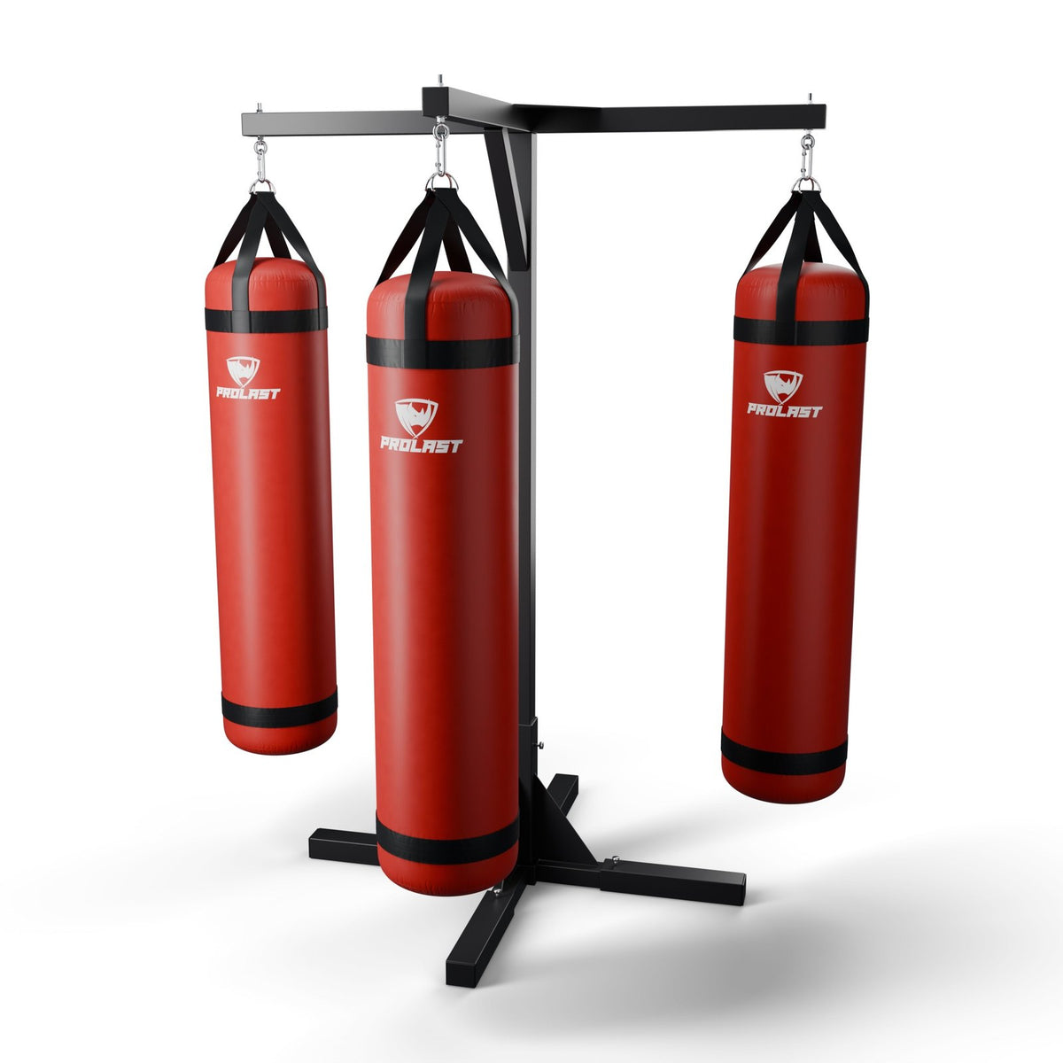 This stand with three red PROLAST heavy bags hanging from it on steel snap hooks through their D-rings (bags sold separately)