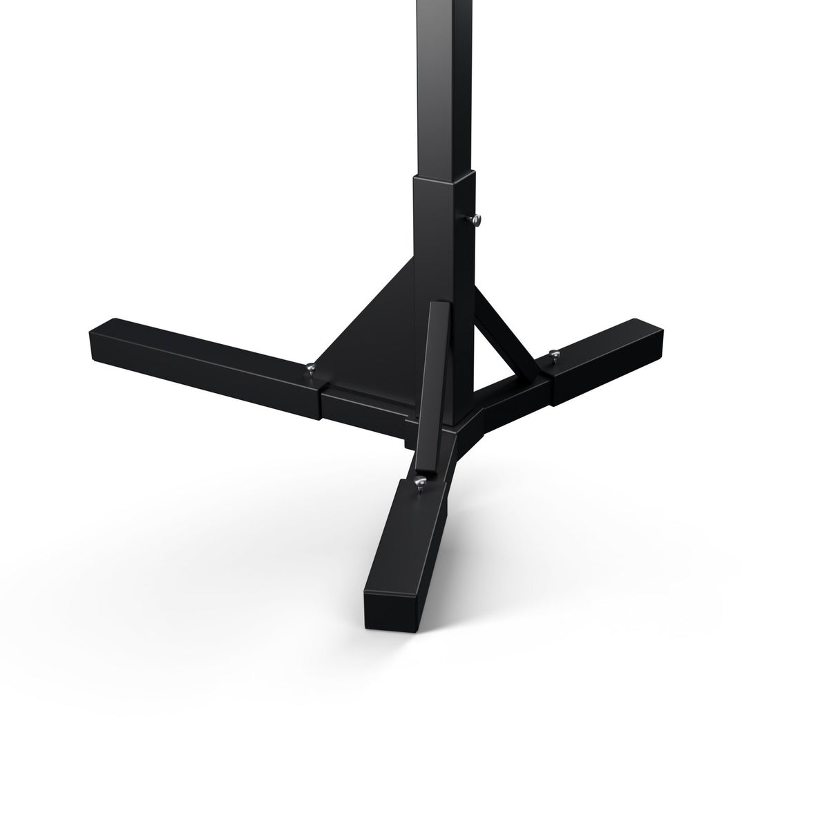 Close-up: the three-leg base, legs sleeved over welded stubs and locked with knobs, a gusset plate under the upright